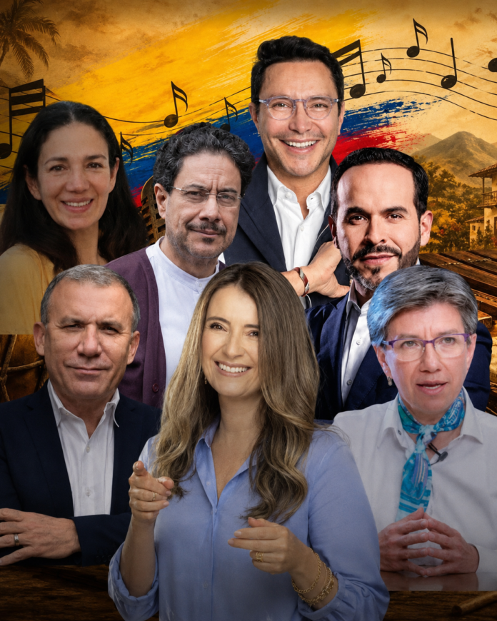 Candidatos presidenciales de Colombia en imagen alusiva al uso de jingles políticos con reguetón, pop, sonidos indígenas e inteligencia artificial.