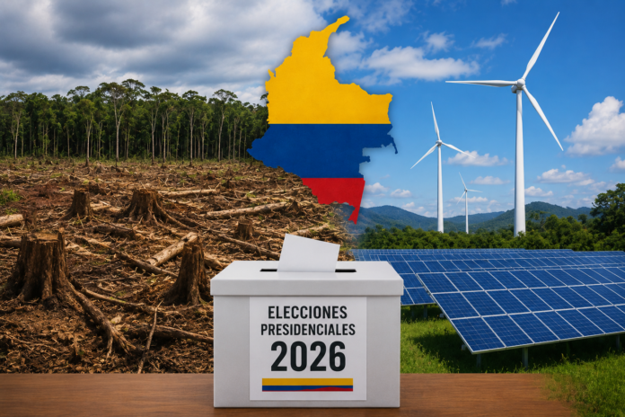 Imagen ilustrativa sobre las elecciones presidenciales de Colombia 2026 y el cambio climático, con un paisaje dividido entre deforestación y energías renovables, acompañado de un mapa de Colombia y una urna de votación.