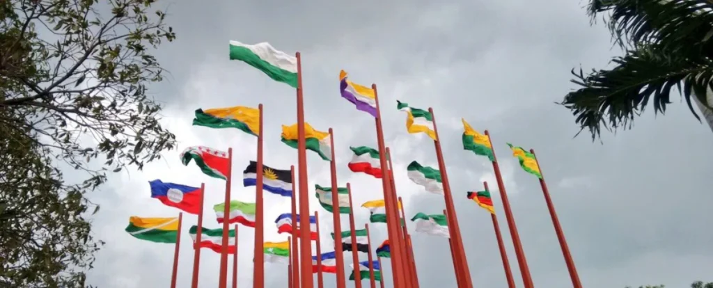 Banderas de los municipios del Cesar ondeando en Valledupar en el marco de las elecciones.
