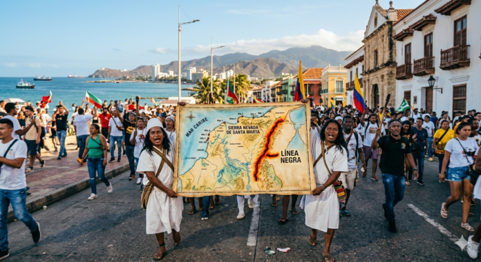 Manifestantes bloquearon un tramo de la vía férrea en La Guajira durante una jornada de protesta contra el Decreto 0514, que redefine la Línea Negra de la Sierra Nevada de Santa Marta. Las comunidades piden mayor participación y garantías para pueblos indígenas, comunidades negras, campesinos y sectores productivos.
