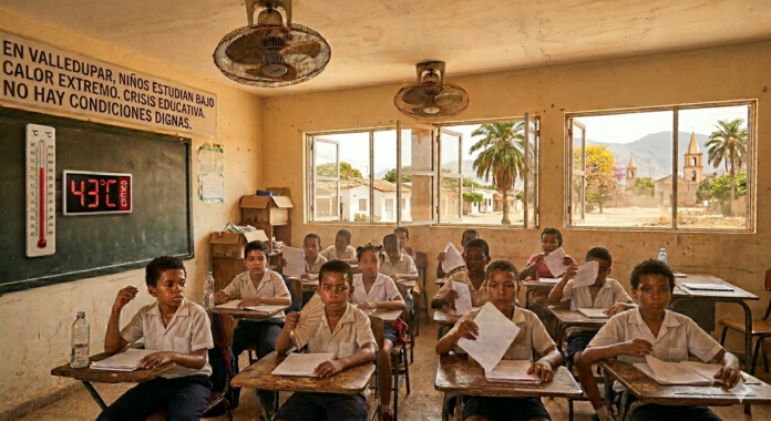 Imagen editorial de estudiantes en un salón de clases caluroso, usando abanicos improvisados y soportando altas temperaturas, representando las difíciles condiciones climáticas que afectan el aprendizaje en Valledupar.