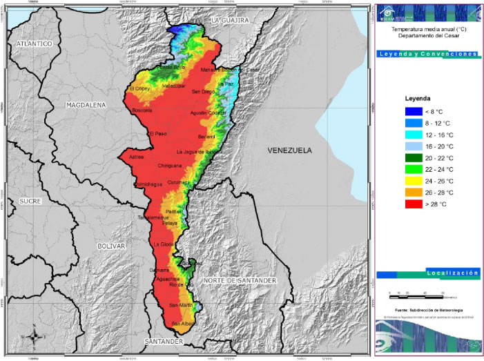Mapa térmico del departamento del Cesar que muestra las zonas críticas de calor, incluyendo la ola de calor en Valledupar.
