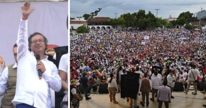 Gustavo Petro saludando a una multitud en la Plaza Alfonso López de Valledupar durante su campaña presidencial.
