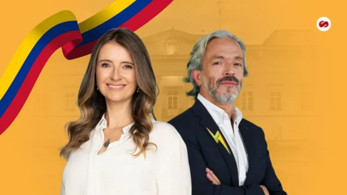 Fotomontaje de la candidata presidencial Paloma Valencia junto a Juan Daniel Oviedo sobre un fondo con la Casa de Nariño y la bandera de Colombia.