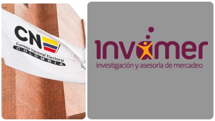 Composición con la bandera del Consejo Nacional Electoral (CNE) y el logo de la encuestadora Invamer, referente a la investigación contra Invamer.