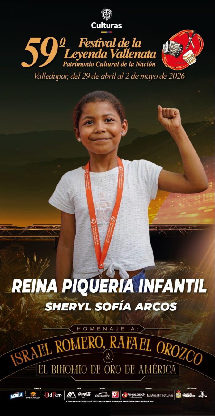 Afiche oficial de Sheryl Sofía Arcos, Reina de la Piqueria Infantil del 59° Festival de la Leyenda Vallenata.