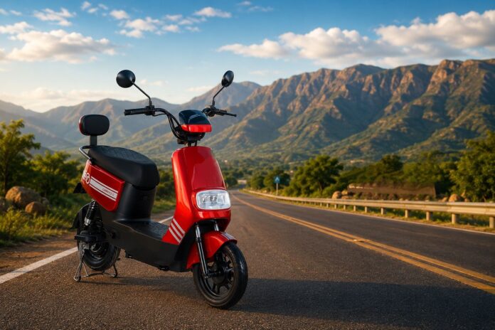 Moto eléctrica roja estacionada en una carretera de montaña, representando el riesgo de los vehículos silenciosos en Colombia.