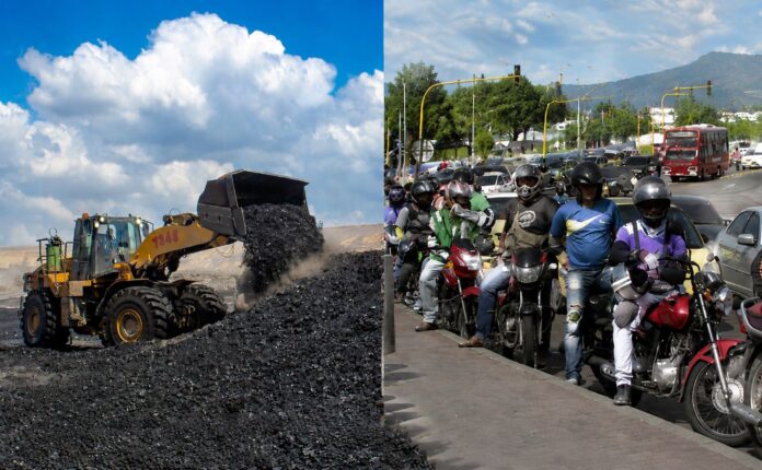 Una composición de imagen dividida que muestra a la izquierda una excavadora industrial moviendo carbón en una mina a cielo abierto, y a la derecha a un grupo de motociclistas con cascos esperando en un semáforo en una calle de la ciudad. Ilustra la transición de exmineros de Calenturitas o La Jagua hacia empleos informales como el mototaxismo.