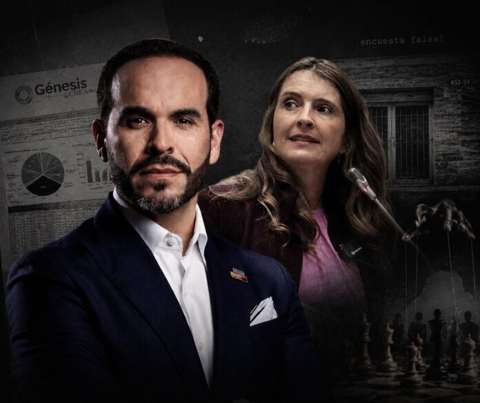 Montaje político de Abelardo de la Espriella y Paloma Valencia junto al logo de Génesis Crea, ilustrando las sospechas de una presunta encuesta falsa manipulada en Valledupar.