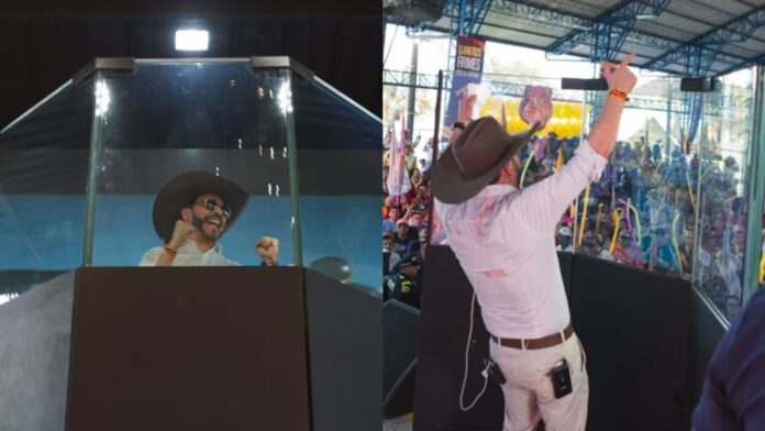 Dos fotografías del precandidato presidencial Abelardo de la Espriella con sombrero llanero dentro de una estructura blindada durante un evento público.