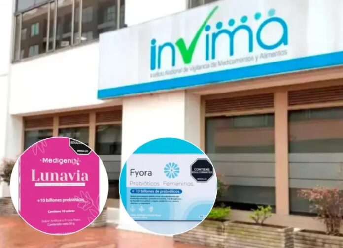 Fotografía del edificio del Invima en Bogotá con dos recuadros superpuestos que muestran los empaques de los probióticos femeninos Fyora y Lunavia, declarados como comercialización fraudulenta.
