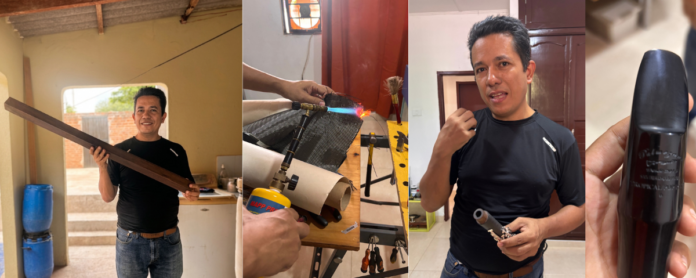 El maestro luthier César Augusto Palmezano trabajando cuidadosamente en su taller de instrumentos en San Diego.