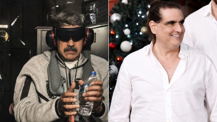 Composición fotográfica que muestra a la izquierda a Nicolás Maduro arrestado con gafas oscuras de protección y orejeras, y a la derecha al empresario Alex Saab sonriendo con camisa blanca.
