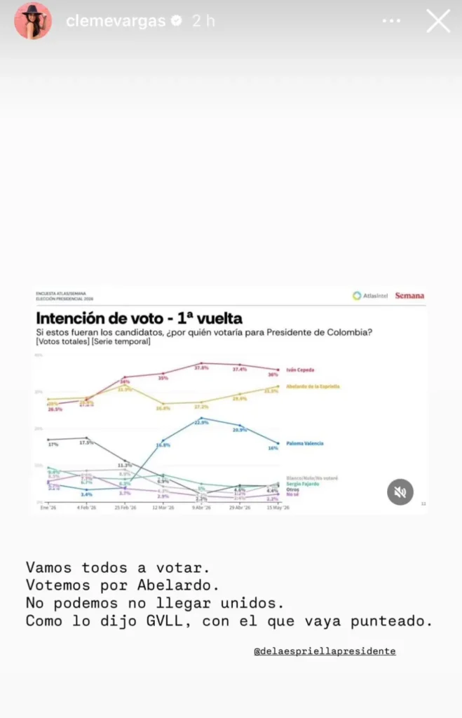 Captura de pantalla de la historia de Instagram de Clemencia Vargas mostrando una encuesta de AtlasIntel y un mensaje pidiendo votar por Abelardo de la Espriella.