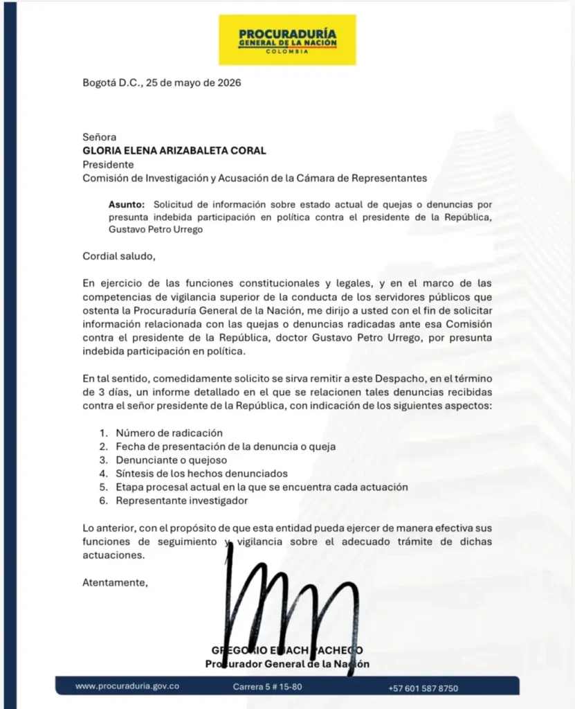 Procurador investiga Petro política: Documento oficial firmado por Gregorio Eljach exigiendo los expedientes a la Comisión de Acusación.