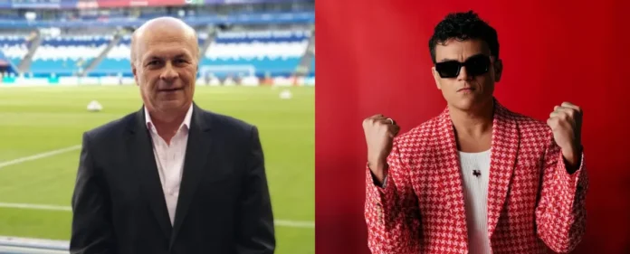 Imagen dividida que muestra un partido de fútbol en El Campín con el texto 'FÚTBOL VS. CONCIERTOS' y un escenario de música con el texto '¿PARA QUIÉN SON LOS ESTADIOS?', ilustrando la polémica por el concierto de Silvestre Dangond.