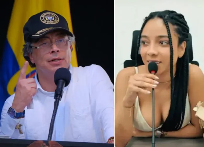 El presidente Gustavo Petro hablando en un micrófono y Juliana Guerrero en su oficina.