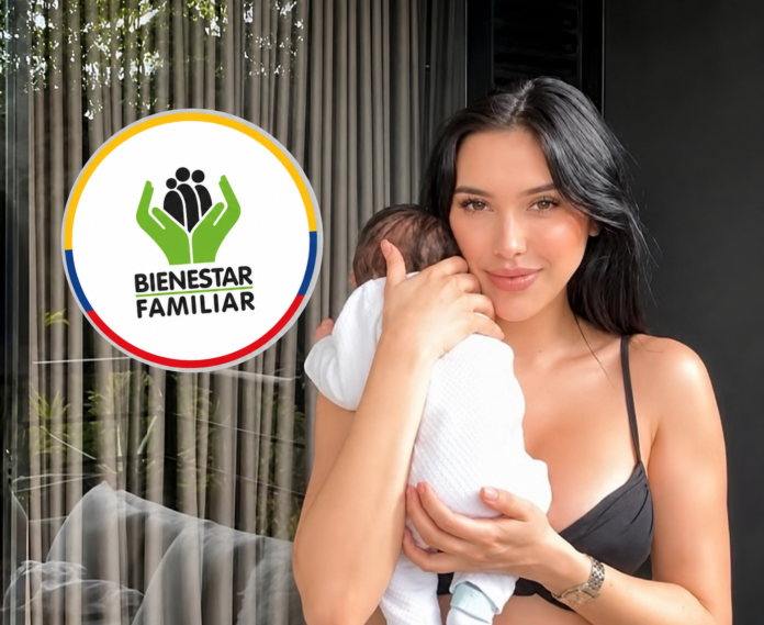 Logotipo del ICBF sobrepuesto a una fotografía de Aida Victoria Merlano con su hijo, tras la inspección técnica realizada en su hogar.
