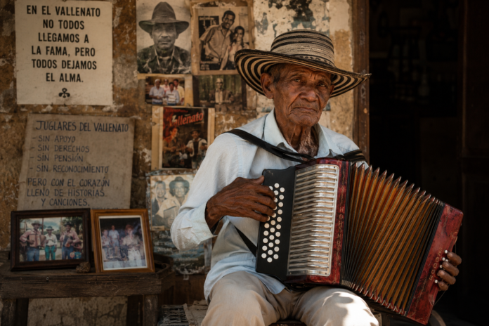 Juglar vallenato tradicional tocando su acordeón, representando a los juglares vallenatos olvidados por la industria.