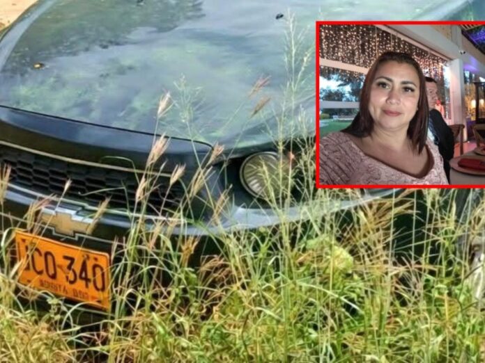 Composición fotográfica del frente de un vehículo Chevrolet negro con placas UCQ-340 abandonado en la maleza, con un recuadro de la desaparecida Yulixa Toloza.