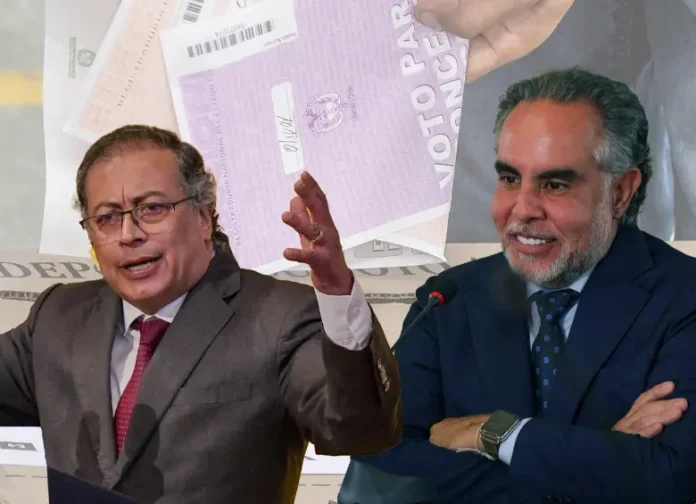 Petro intervención política elecciones: Fotomontaje del presidente Gustavo Petro con Armando Benedetti e Iván Cepeda frente al edificio y logo del Consejo Nacional Electoral