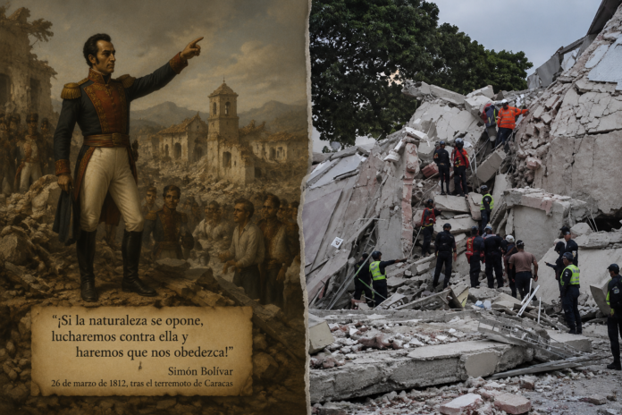 Simón Bolívar sobre las ruinas del terremoto de Caracas de 1812 junto a imágenes de los daños causados por los recientes sismos en Venezuela.