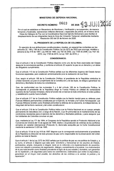 Decreto 0603 de 2026 de suspensión de operaciones militares en Colombia.