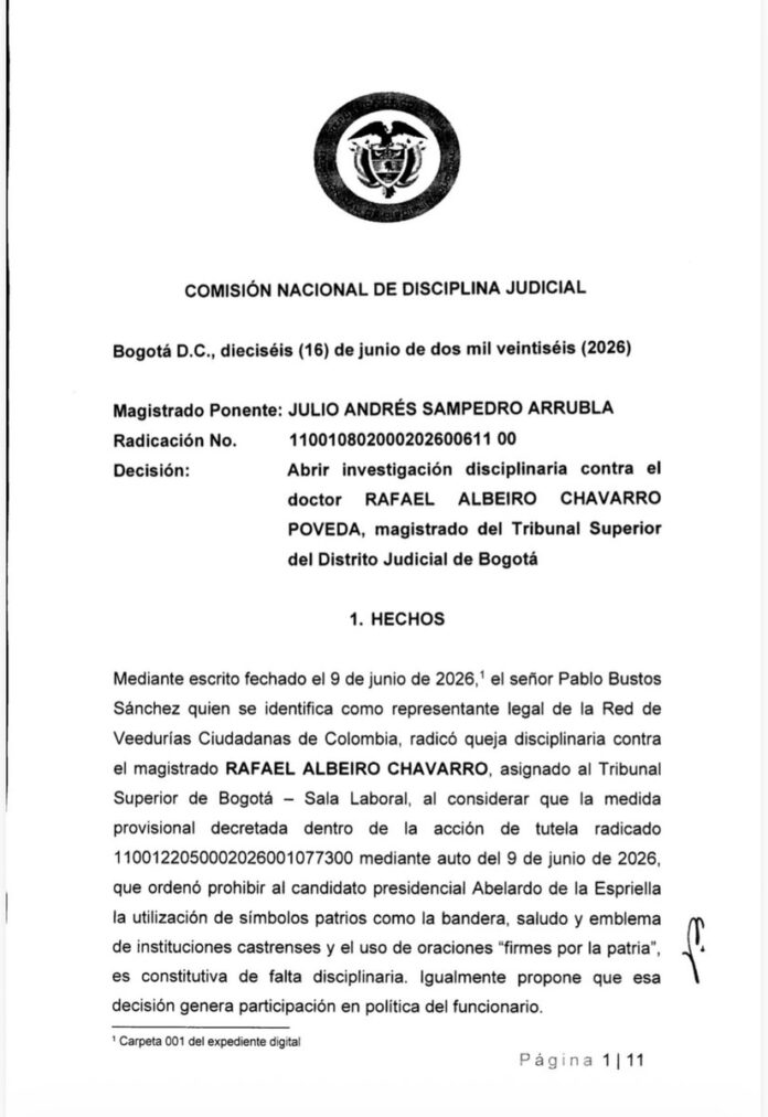 Documento de la Comisión Nacional de Disciplina Judicial sobre investigación a magistrado por caso Abelardo de la Espriella