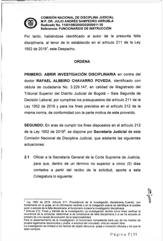 Auto de la Comisión Nacional de Disciplina Judicial que abre investigación contra Rafael Albeiro Chavarro Poveda