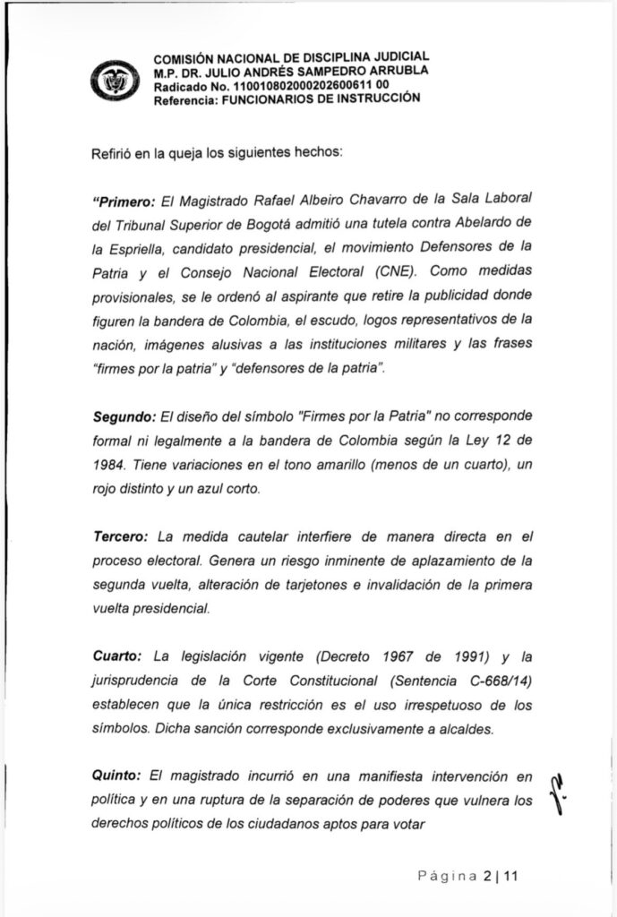 Documento de la Comisión Nacional de Disciplina Judicial con hechos de la queja contra magistrado por caso Abelardo de la Espriella