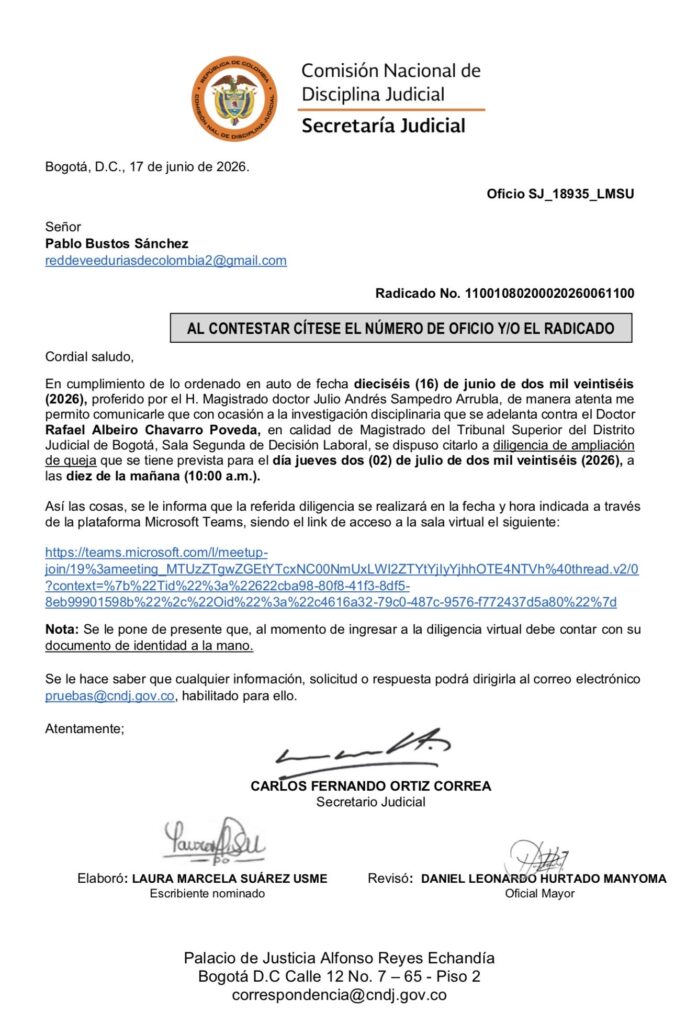 Citación de la Comisión Nacional de Disciplina Judicial a Pablo Bustos por investigación contra Rafael Chavarro