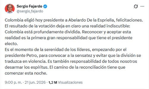Captura de la publicación de Sergio Fajardo en X, donde felicita a Abelardo de la Espriella y pide reconciliación nacional tras las elecciones presidenciales.