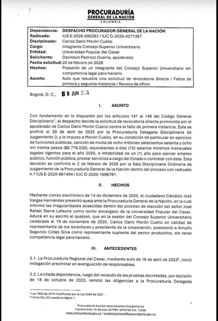 Primera página del fallo de la Procuraduría que revocó la sanción disciplinaria impuesta a Carlos Darío Morón Cuello.