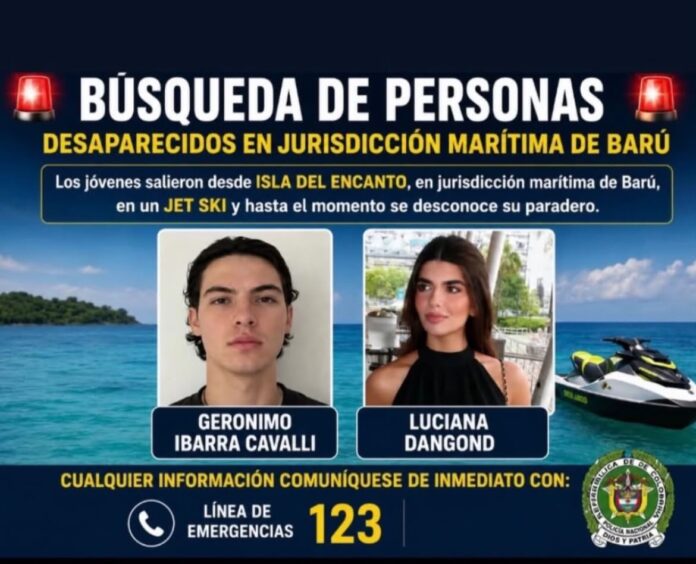 Aviso de búsqueda de Luciana Dangond y Gerónimo Ibarra, desaparecidos en jurisdicción marítima de Barú, Bolívar.