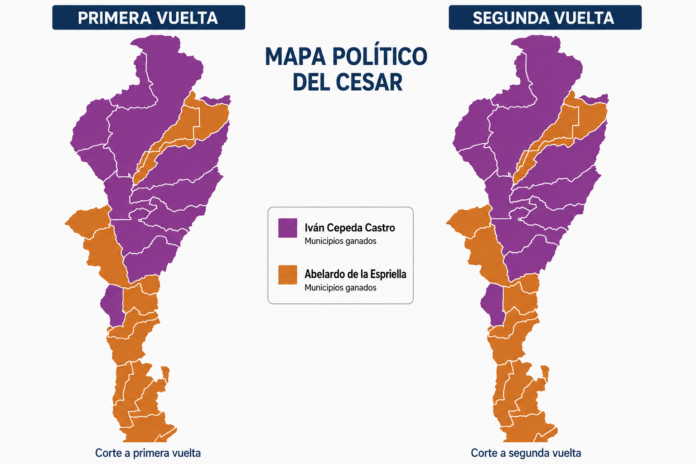 Comparación del mapa político del Cesar entre la primera y la segunda vuelta presidencial de 2026.