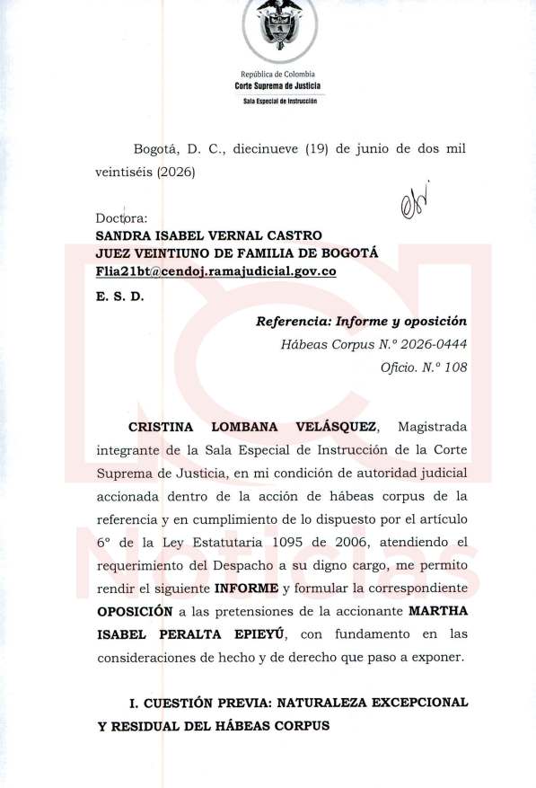 Informe de la Corte Suprema sobre hábeas corpus de Martha Peralta firmado por la magistrada Cristina Lombana.