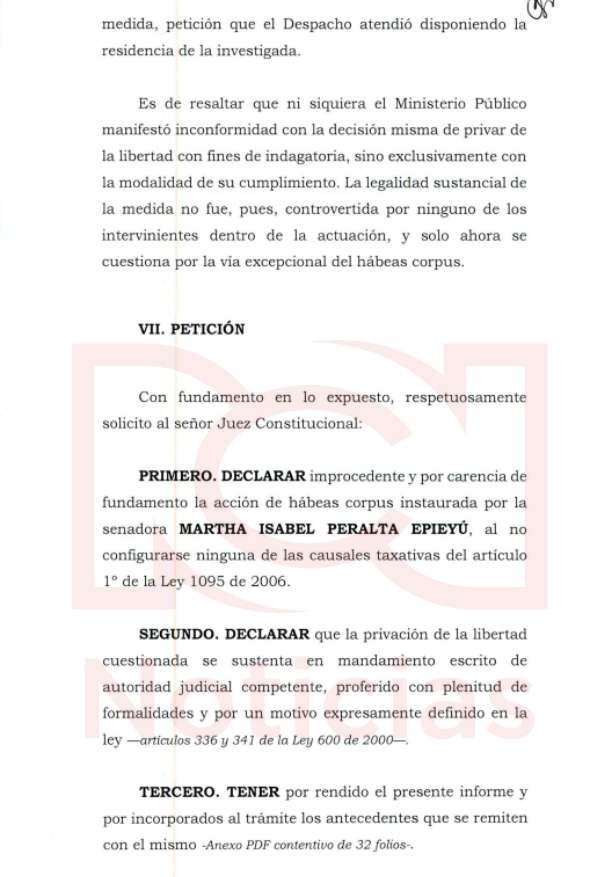 Petición de Cristina Lombana para declarar improcedente el hábeas corpus de Martha Peralta
