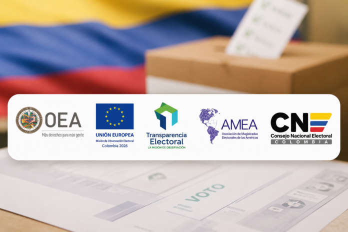 Logotipos de la OEA, Unión Europea, Transparencia Electoral, AMEA y CNE respaldando la transparencia de la segunda vuelta presidencial de Colombia 2026.