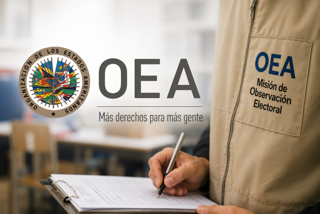 Observadores de la OEA durante la segunda vuelta presidencial de Colombia 2026 verificando el desarrollo de la jornada electoral.