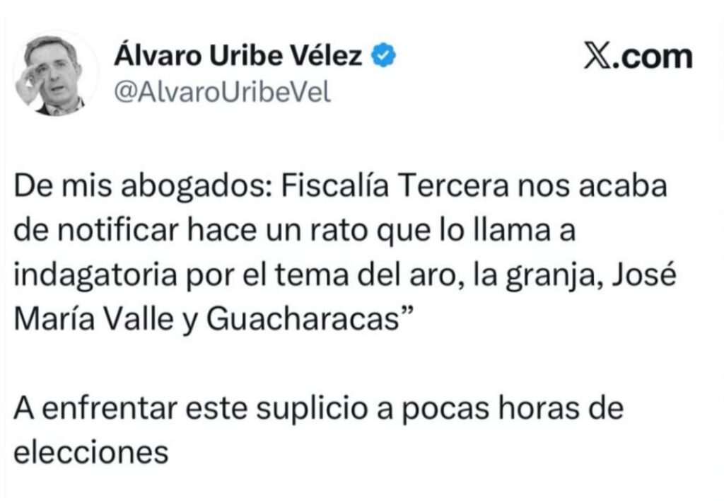 Captura de pantalla de una publicación de Álvaro Uribe Vélez en X donde informa sobre el llamado a indagatoria por parte de la Fiscalía.