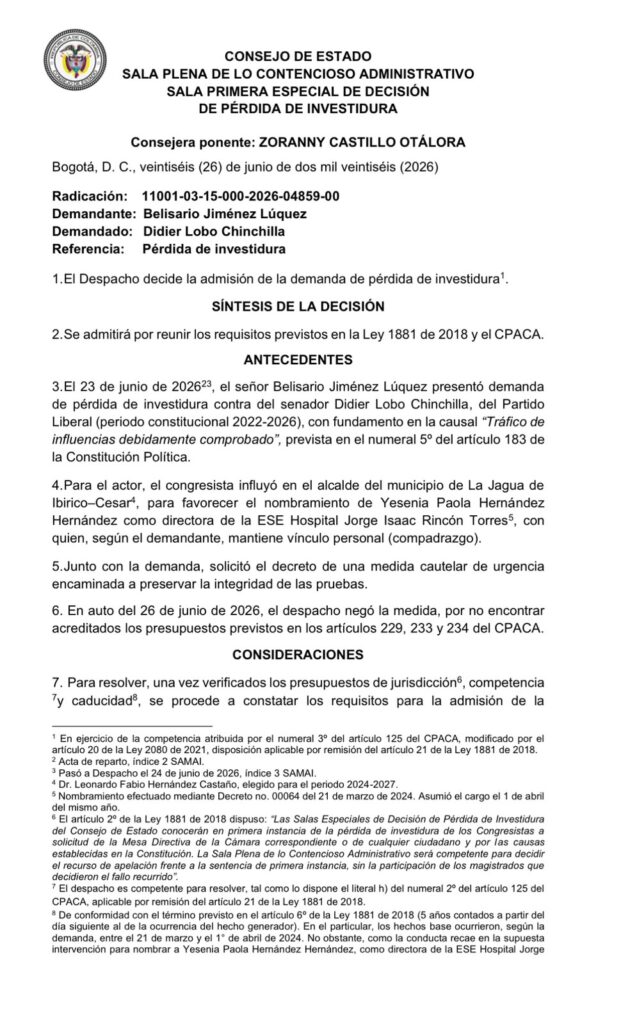 Auto del Consejo de Estado que admite la demanda de pérdida de investidura contra el senador Didier Lobo Chinchilla.