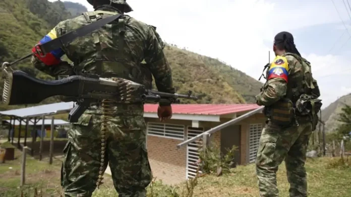 Dos hombres armados con camuflaje militar y brazaletes de la bandera de Colombia, identificados como disidencias de las FARC, vigilando una zona rural.