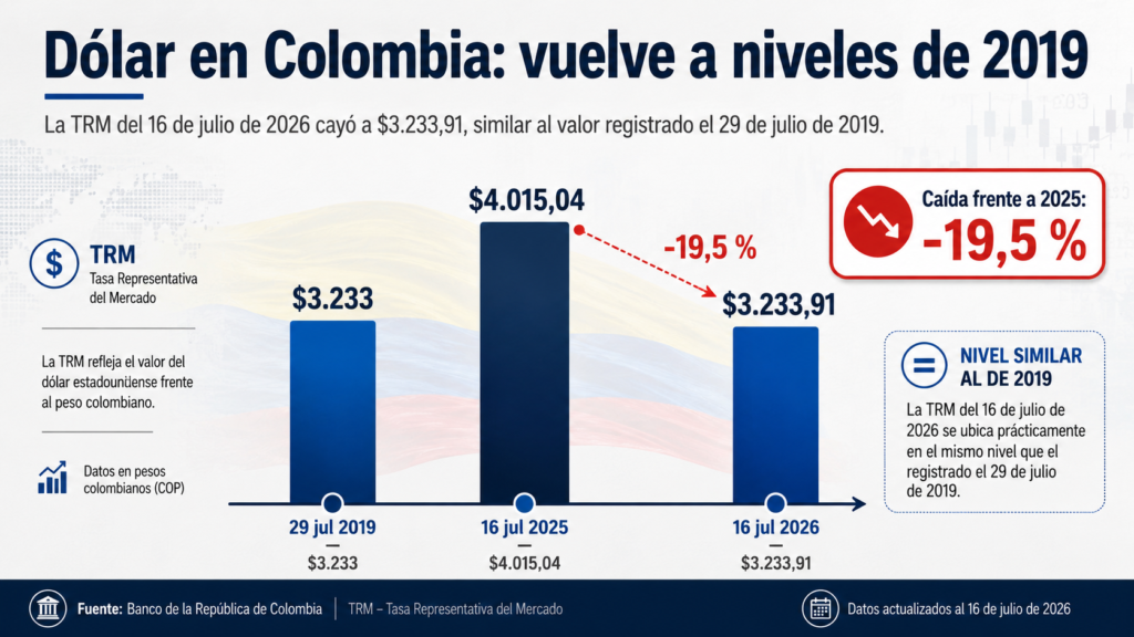 Gráfica del dólar en Colombia con caída de la TRM a $3.233,91 en julio de 2026, similar a los niveles de 2019.