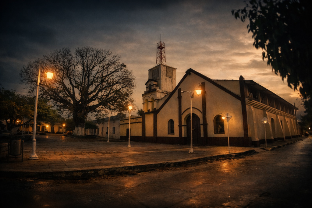 Vista nocturna de la iglesia y la plaza de Pueblo Nuevo, corregimiento de Tamalameque, donde ocurrió un homicidio.