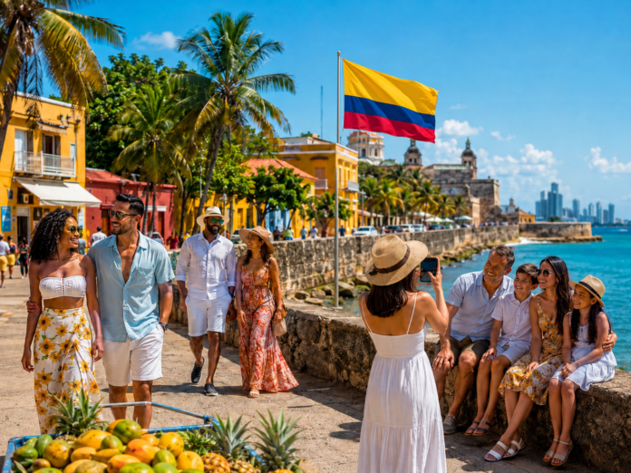 Personas disfrutando de vacaciones en Colombia junto a la bandera nacional