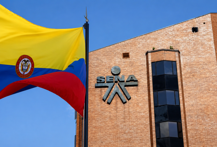 Fachada del SENA junto a la bandera de Colombia, entidad que ofrece cursos virtuales gratuitos de inglés.
