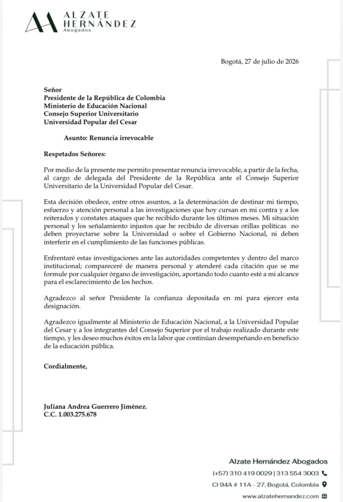 Carta de renuncia irrevocable de Juliana Guerrero como delegada presidencial ante la UPC