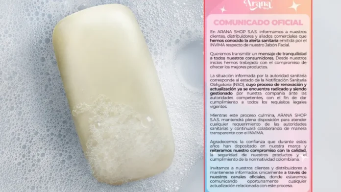 Jabón facial de Arana Shop señalado en una alerta del Invima por no contar con una Notificación Sanitaria Obligatoria vigente.