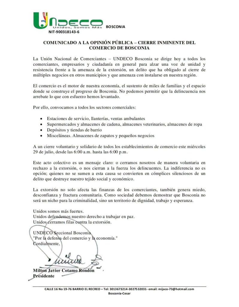 Comunicado oficial de Undeco Bosconia que convoca a un paro de comerciantes por la ola de extorsiones.