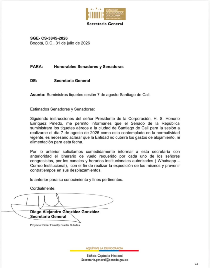 Comunicado del Senado que confirma tiquetes aéreos para la sesión del 7 de agosto en Cali